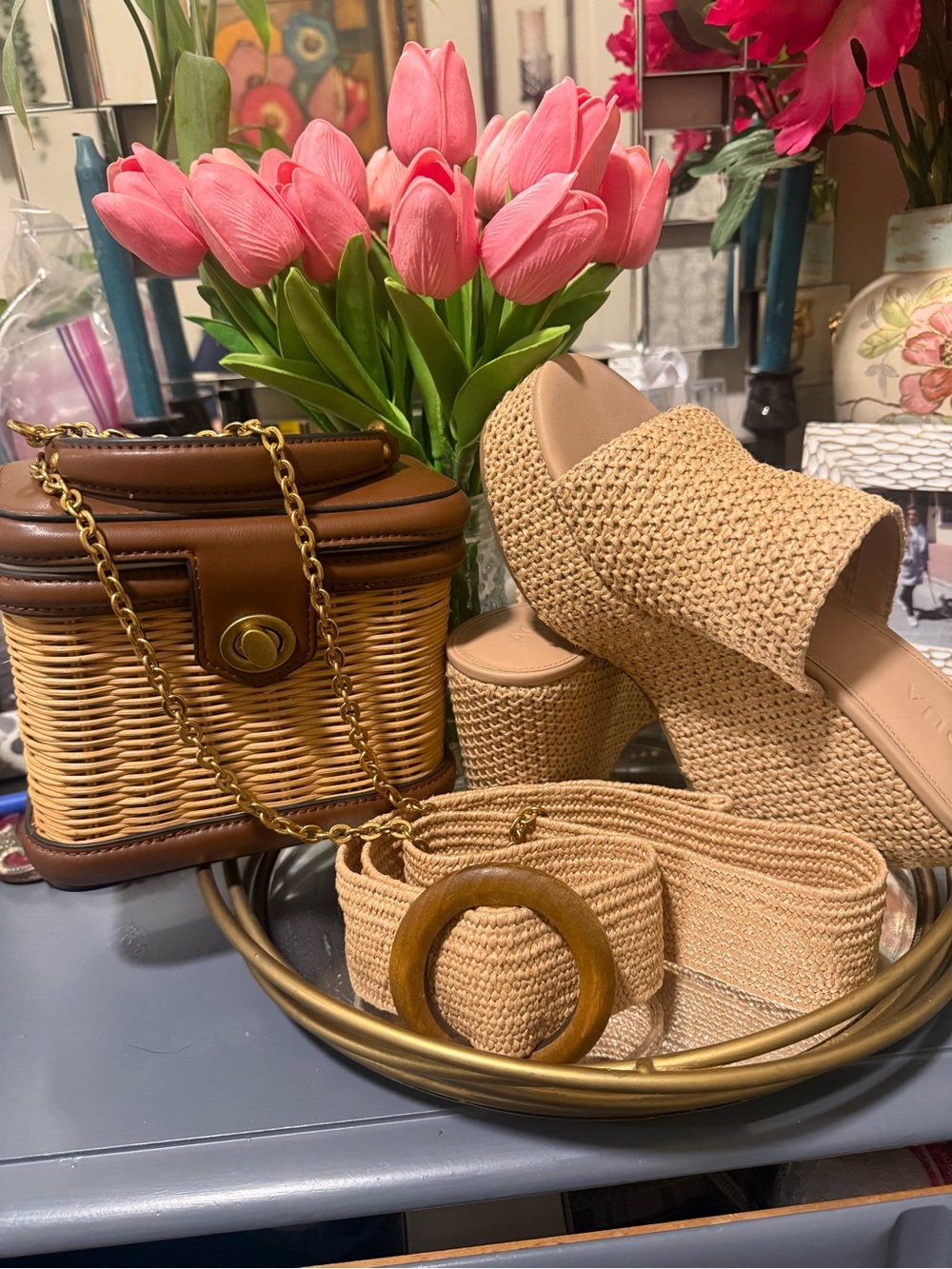 Zara Brown Wicker Crossbody with Gold Chain